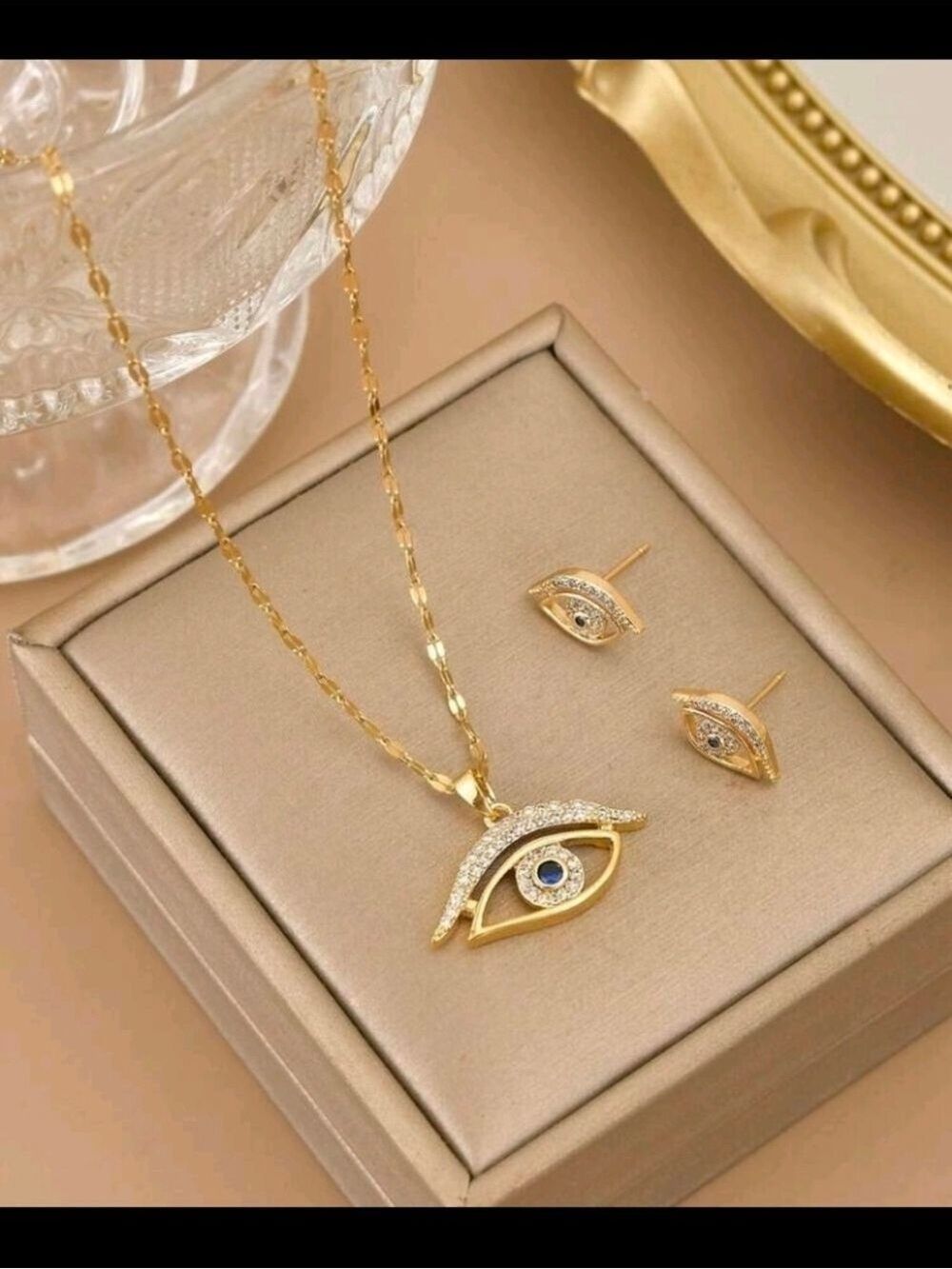 Gold Evil Eye Necklace Earrings Set - Picture 1 of 4